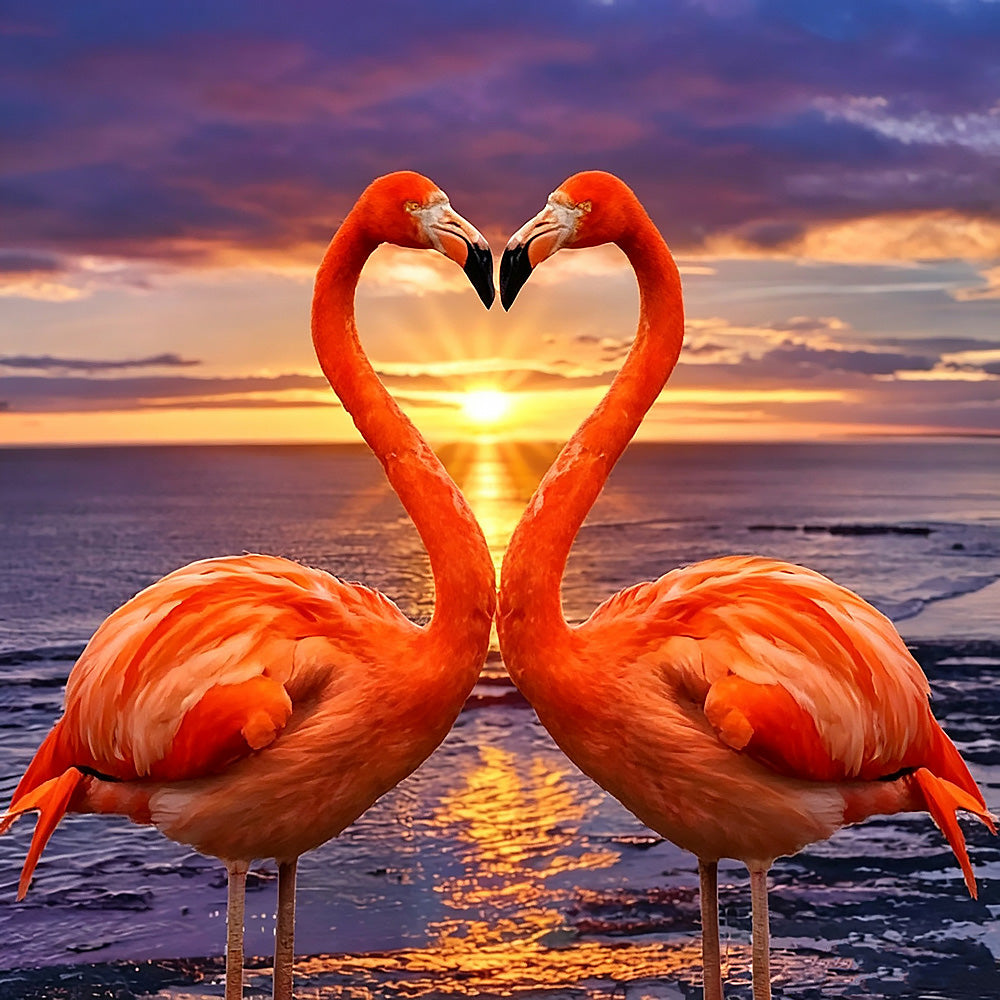 Flamingos forming a heart at sunset paint by numbers kit for beginners