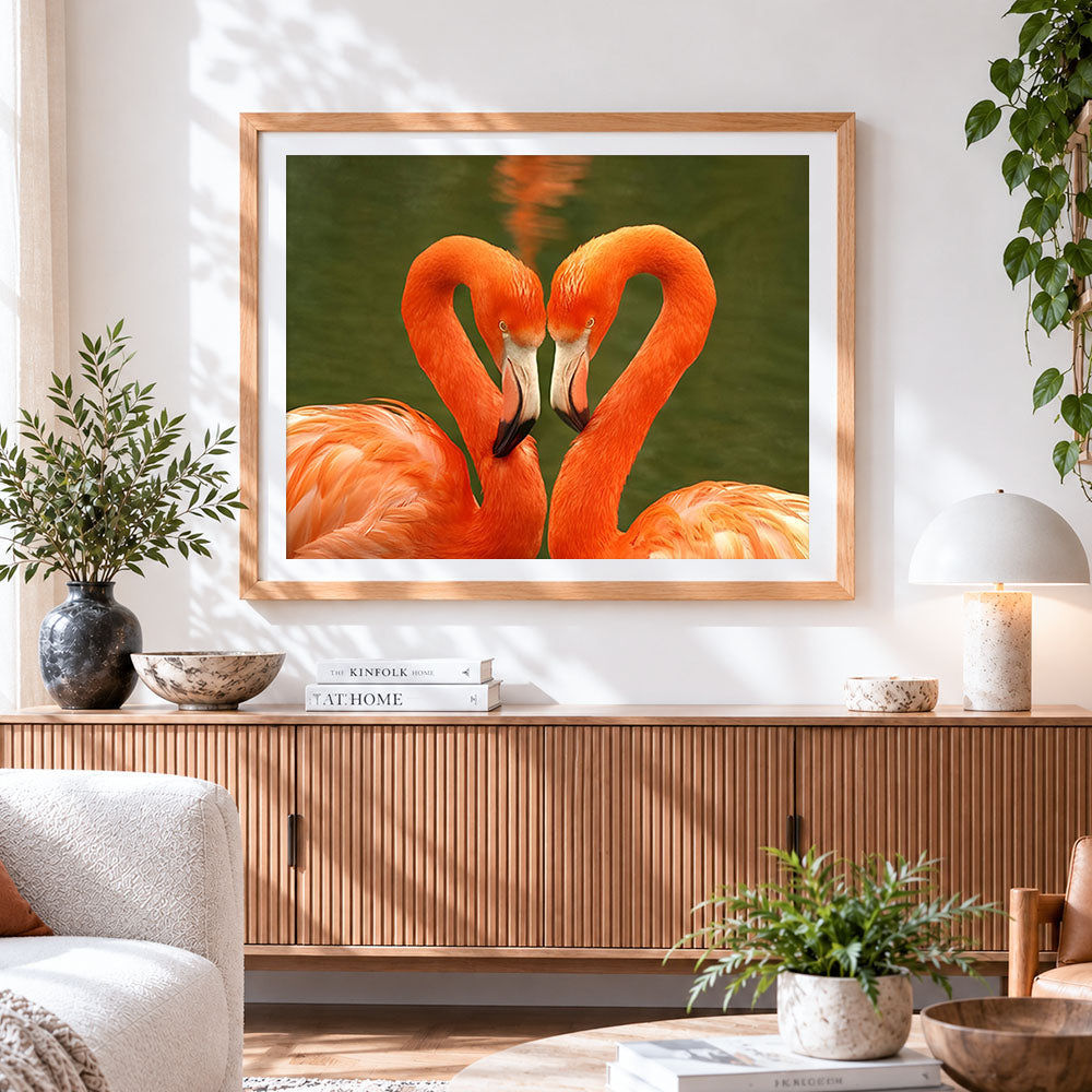 Finished flamingos heart on green water paint by numbers artwork displayed as home decor