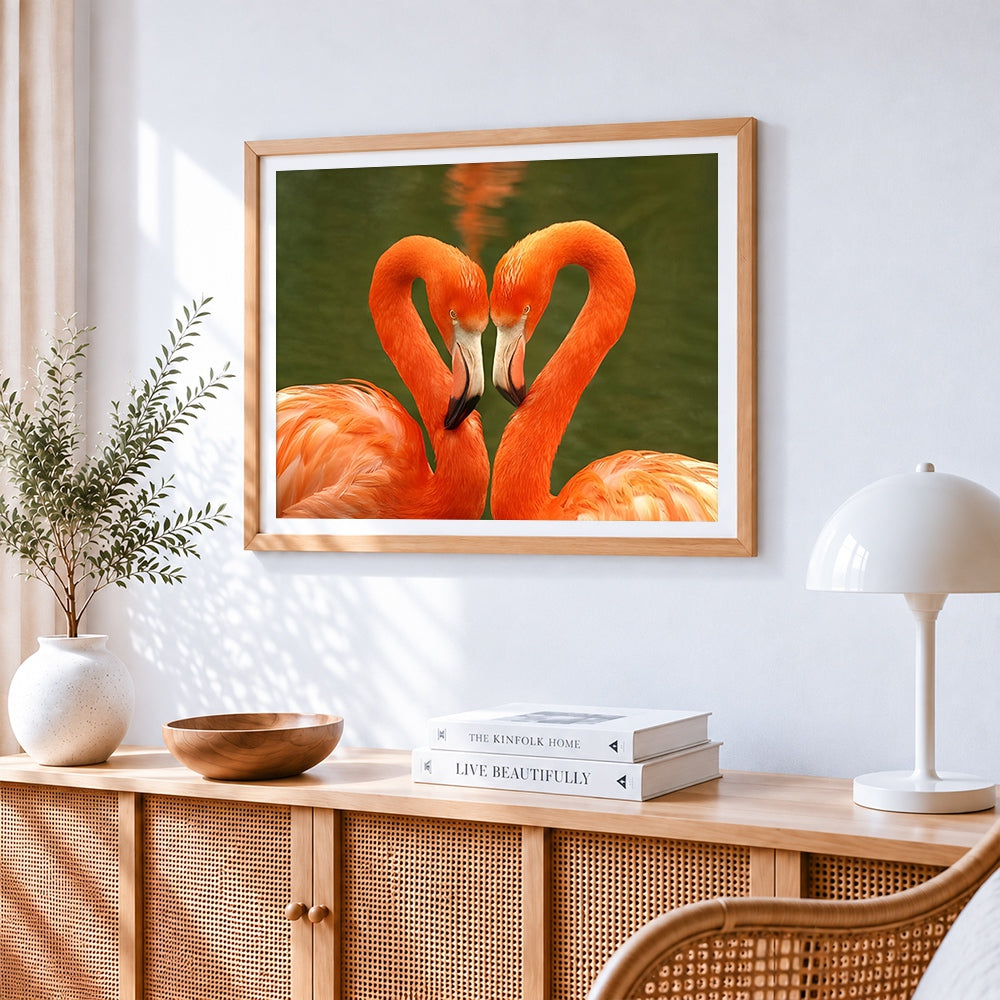 Flamingos heart on green water paint by numbers artwork displayed on wall as home decor
