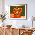 Flamingos heart on green water paint by numbers artwork displayed on wall as home decor