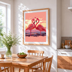 Flamingos in love at sunset cross stitch artwork displayed on wall as home decor