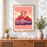 Finished flamingos in love at sunset paint by numbers artwork displayed as home decor