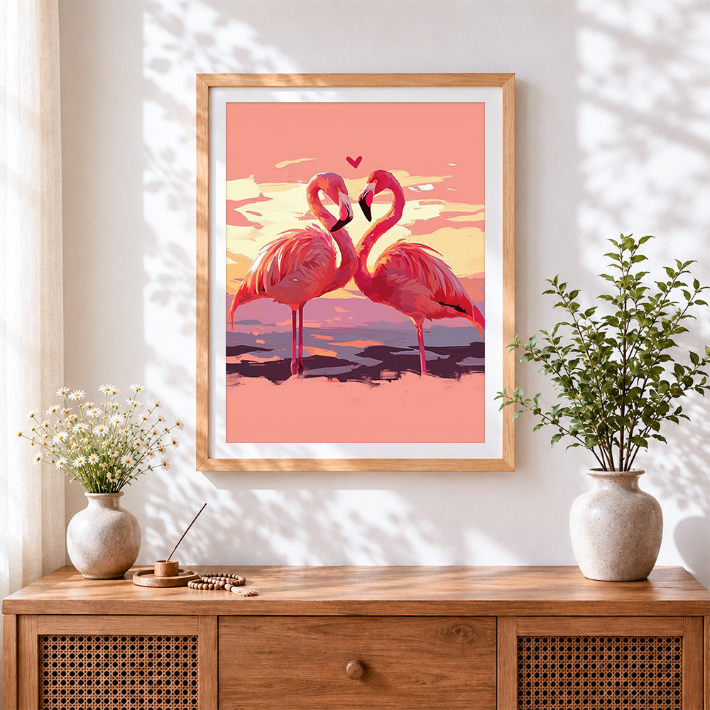 Finished flamingos in love at sunset paint by numbers artwork displayed as home decor