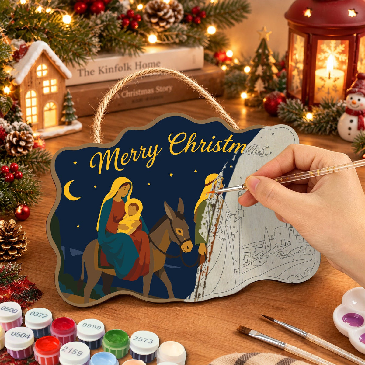 Flight to bethlehem paint by numbers door hanger painting process