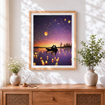 Finished floating lanterns and couple cross stitch artwork displayed