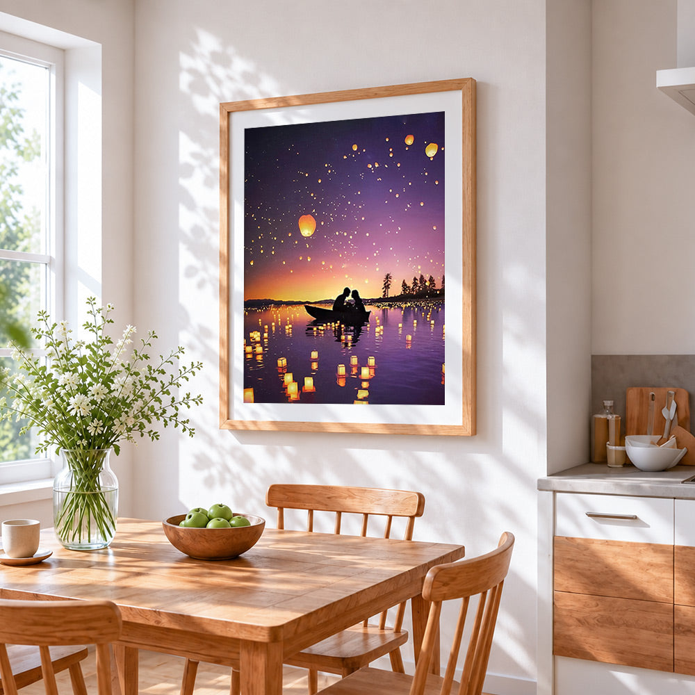Floating lanterns and couple cross stitch artwork displayed on wall as home decor