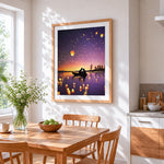 Floating lanterns and couple cross stitch artwork displayed on wall as home decor