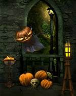 Floating pumpkin ghost in gothic arch cross stitch kit for beginners