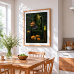 Floating pumpkin ghost in gothic arch cross stitch artwork displayed on wall as home decor