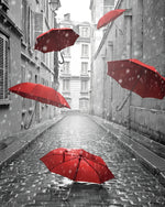 Floating red umbrellas cross stitch kit for beginners
