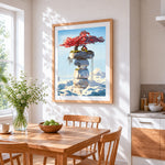 Floating rocks and treehouse in the clouds cross stitch artwork displayed on wall as home decor
