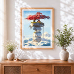 Finished floating rocks and treehouse in the clouds paint by numbers artwork displayed as home decor