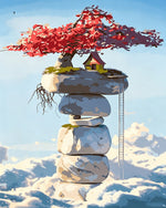 Floating rocks and treehouse in the clouds paint by numbers kit for beginners