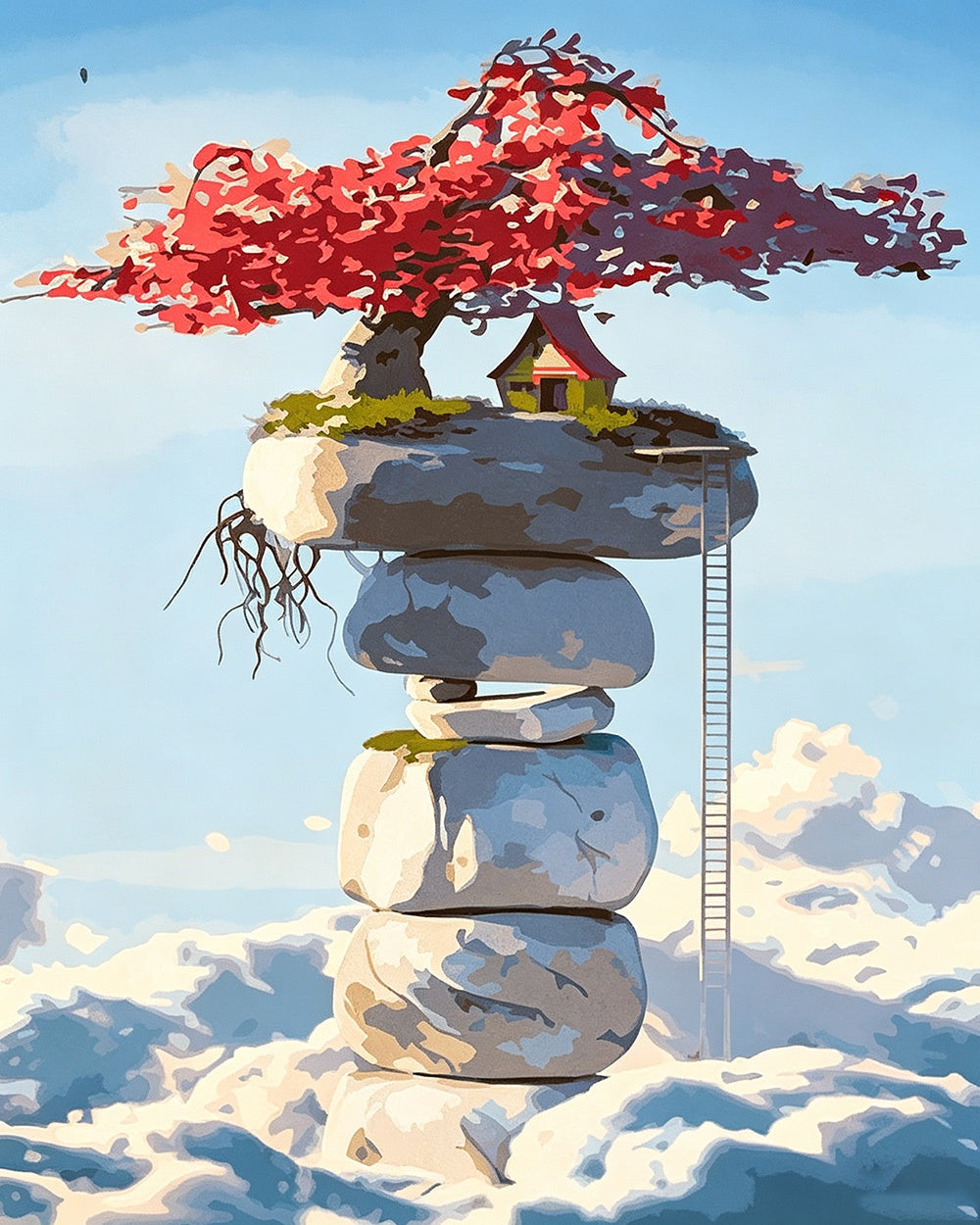 Floating rocks and treehouse in the clouds paint by numbers kit for beginners