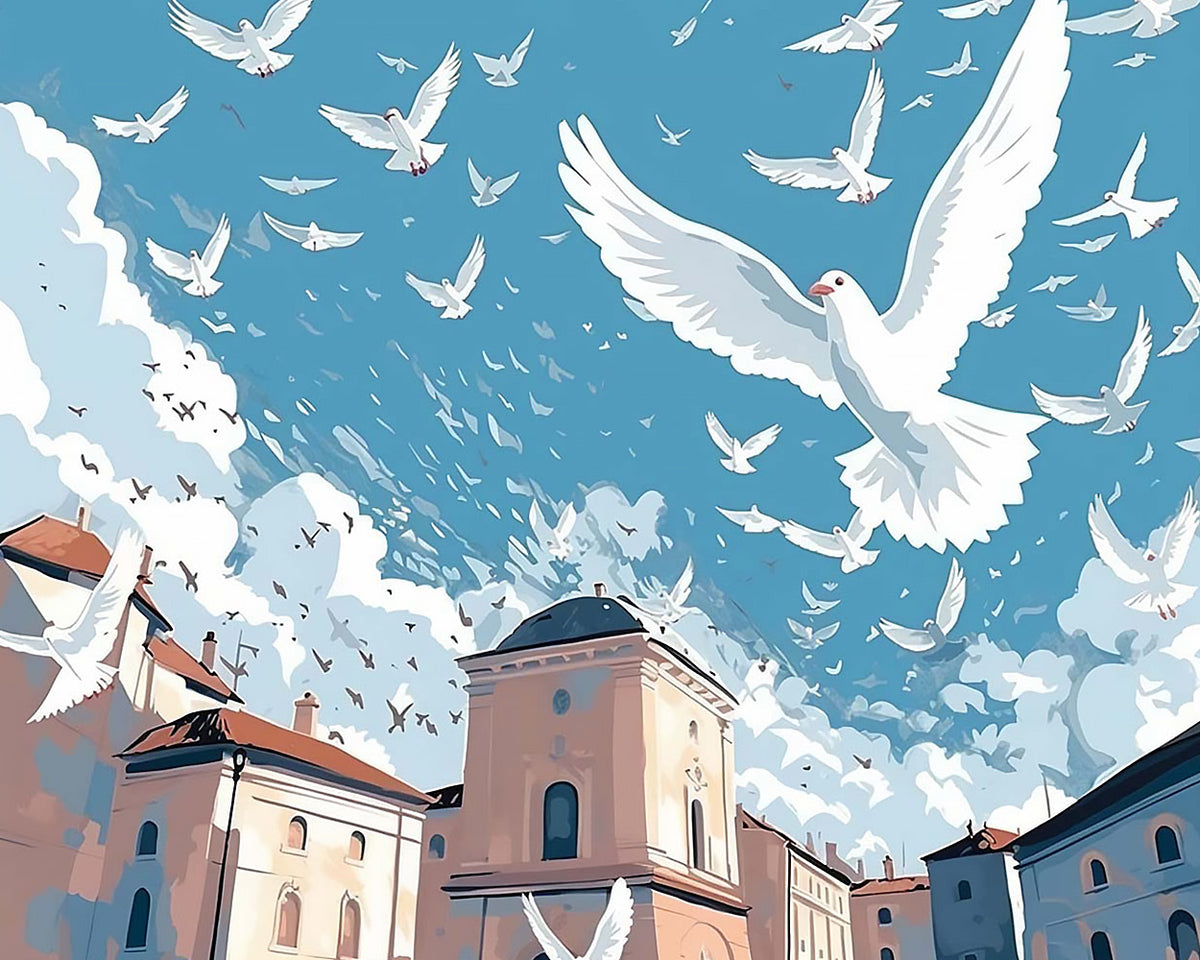 Flock of white doves flying over a city cross stitch kit for beginners