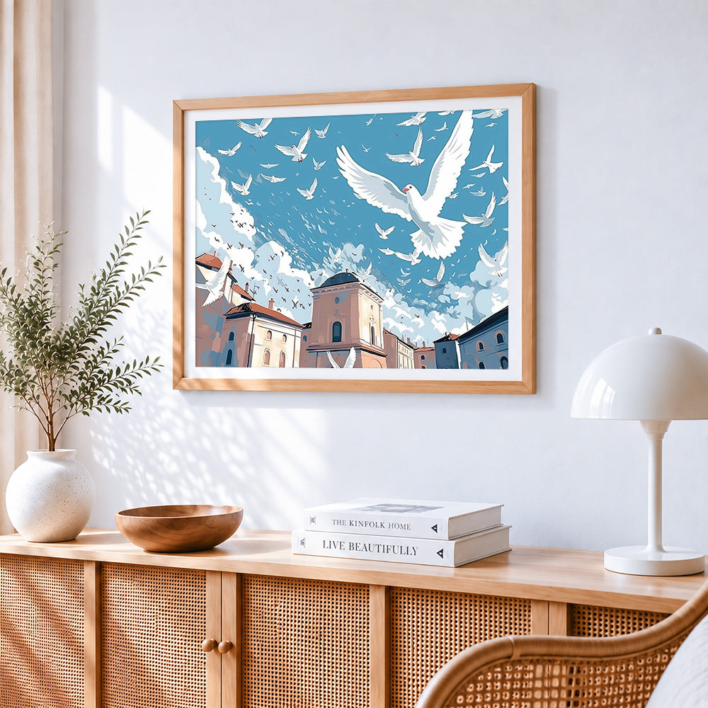 Flock of white doves flying over a city paint by numbers artwork displayed on wall as home decor
