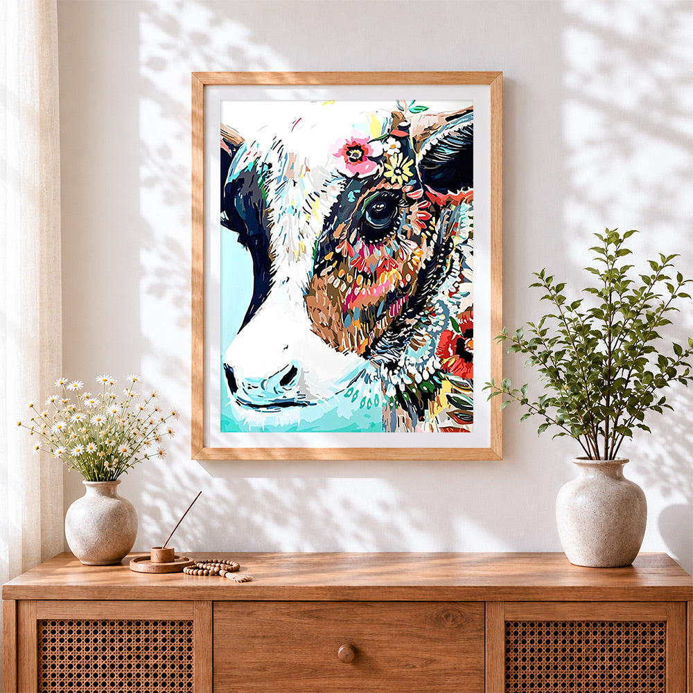 Finished floral abstract cow head cross stitch artwork displayed
