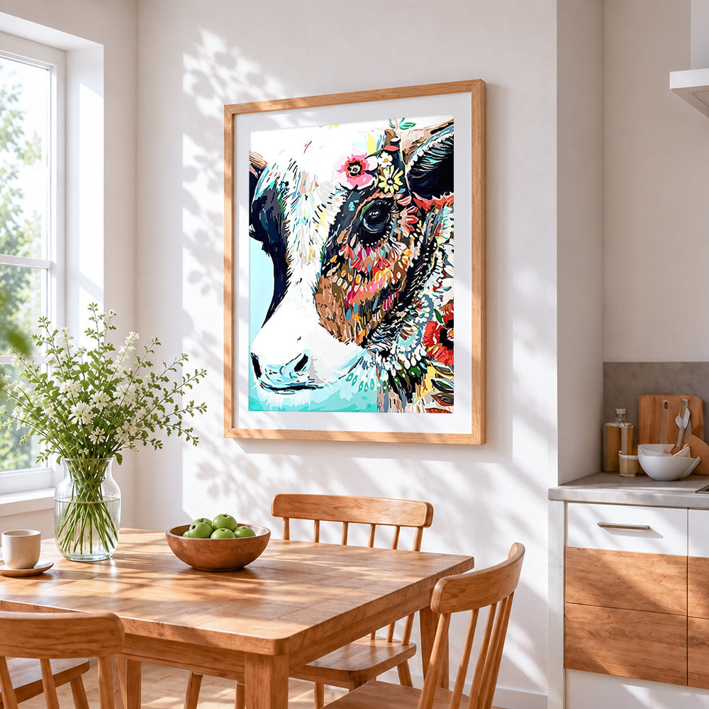 Floral abstract cow head cross stitch artwork displayed on wall as home decor