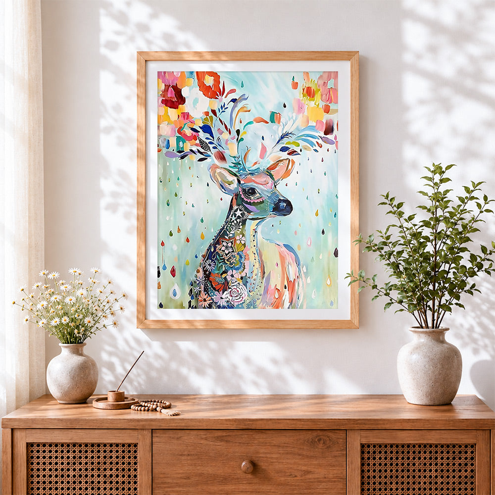 Finished floral abstract deer cross stitch artwork displayed