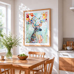 Floral abstract deer cross stitch artwork displayed on wall as home decor