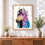 Finished floral abstract horse with blossom tree cross stitch artwork displayed