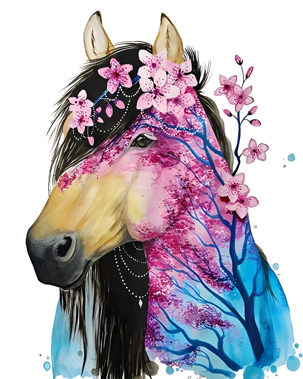 Floral abstract horse with blossom tree cross stitch kit for beginners