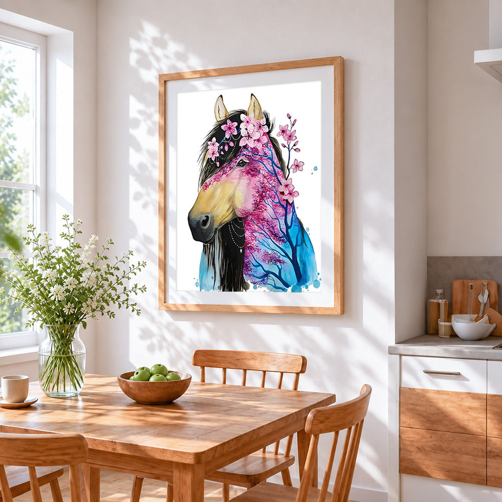 Floral abstract horse with blossom tree cross stitch artwork displayed on wall as home decor