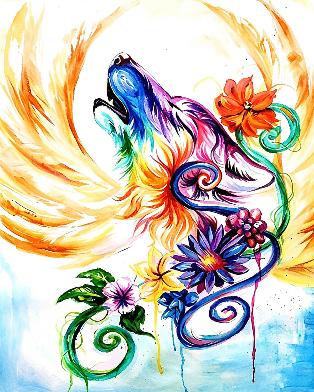 Floral abstract wolf head cross stitch kit for beginners