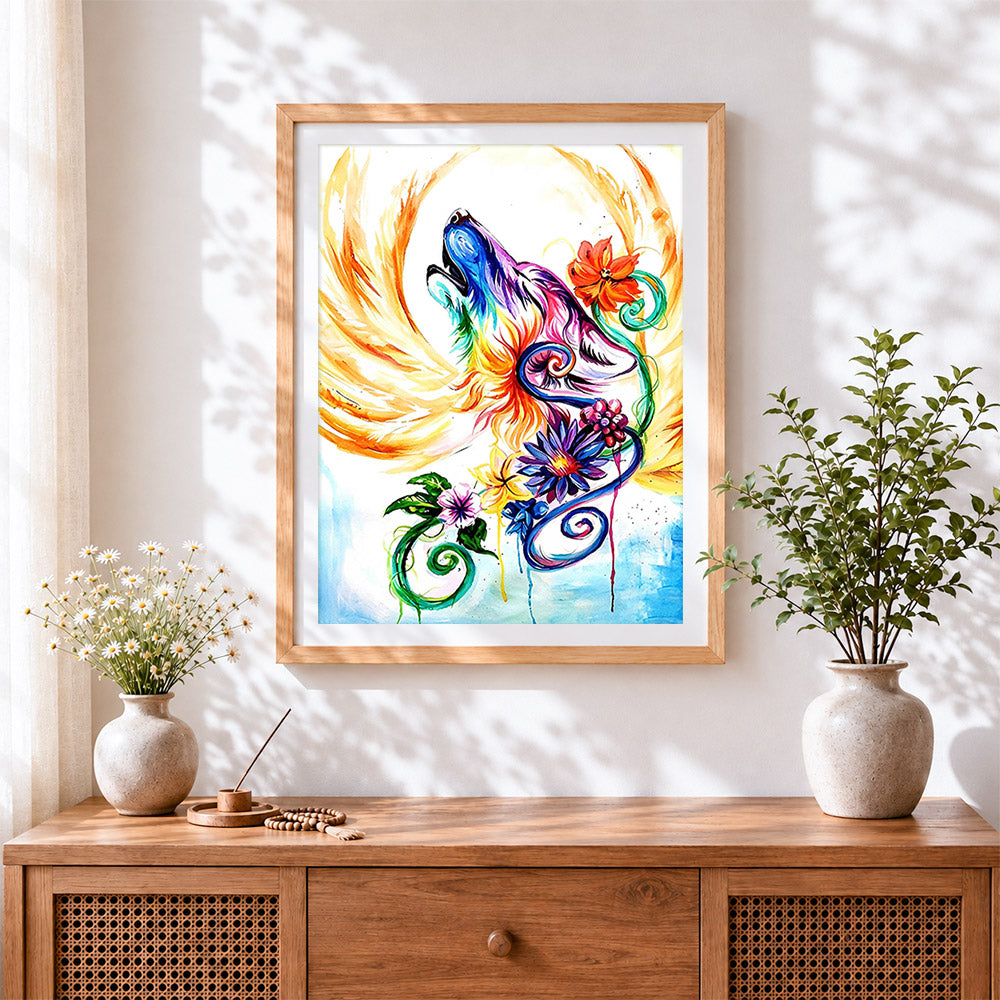Finished floral abstract wolf head paint by numbers artwork displayed as home decor