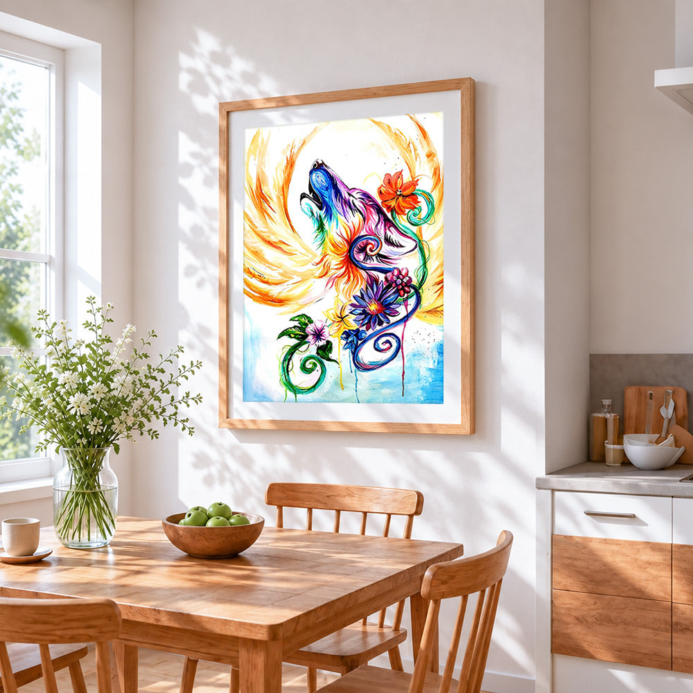 Floral abstract wolf head paint by numbers artwork displayed on wall as home decor
