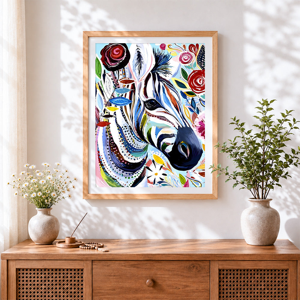 Finished floral abstract zebra cross stitch artwork displayed