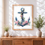 Finished floral anchor with rope cross stitch artwork displayed