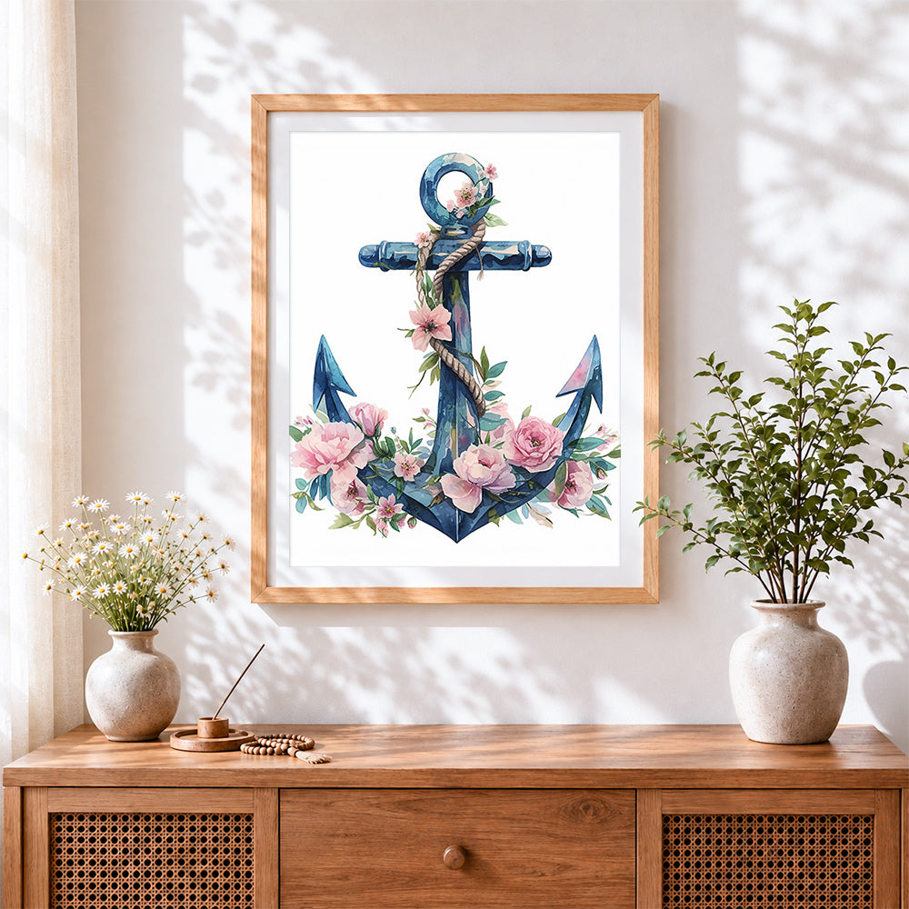 Finished floral anchor with rope cross stitch artwork displayed