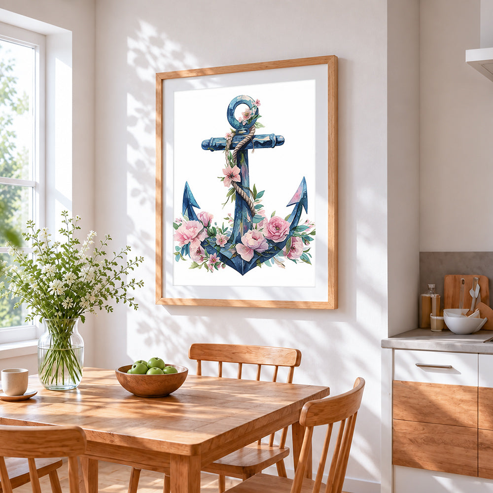 Floral anchor with rope cross stitch artwork displayed on wall as home decor