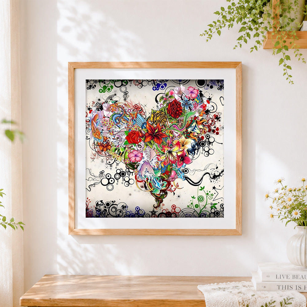 Finished floral and koi fish heart collage paint by numbers artwork displayed as home decor