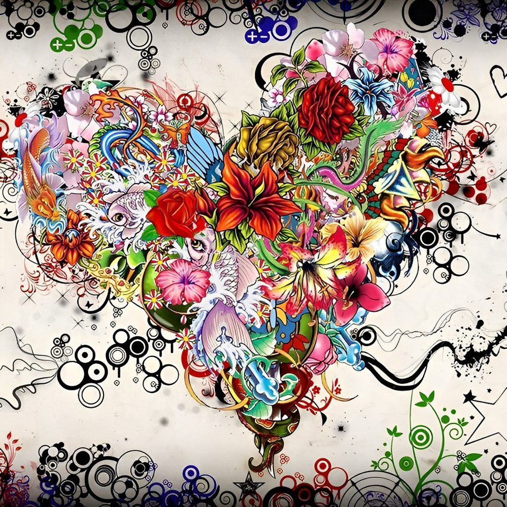 Floral and koi fish heart collage paint by numbers kit for beginners