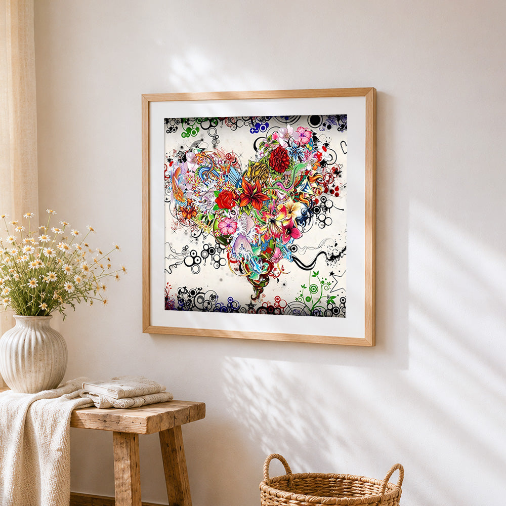 floral and koi fish heart collage paint by numbers artwork displayed on wall as home decor