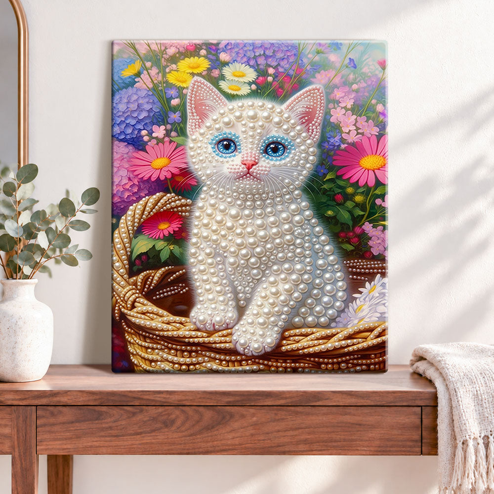 Finished floral basket kitten pearl diamond painting artwork displayed as home decor