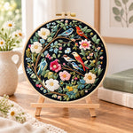 Floral birds on branches embroidery kit finished hoop displayed on a wooden stand as cozy tabletop decor