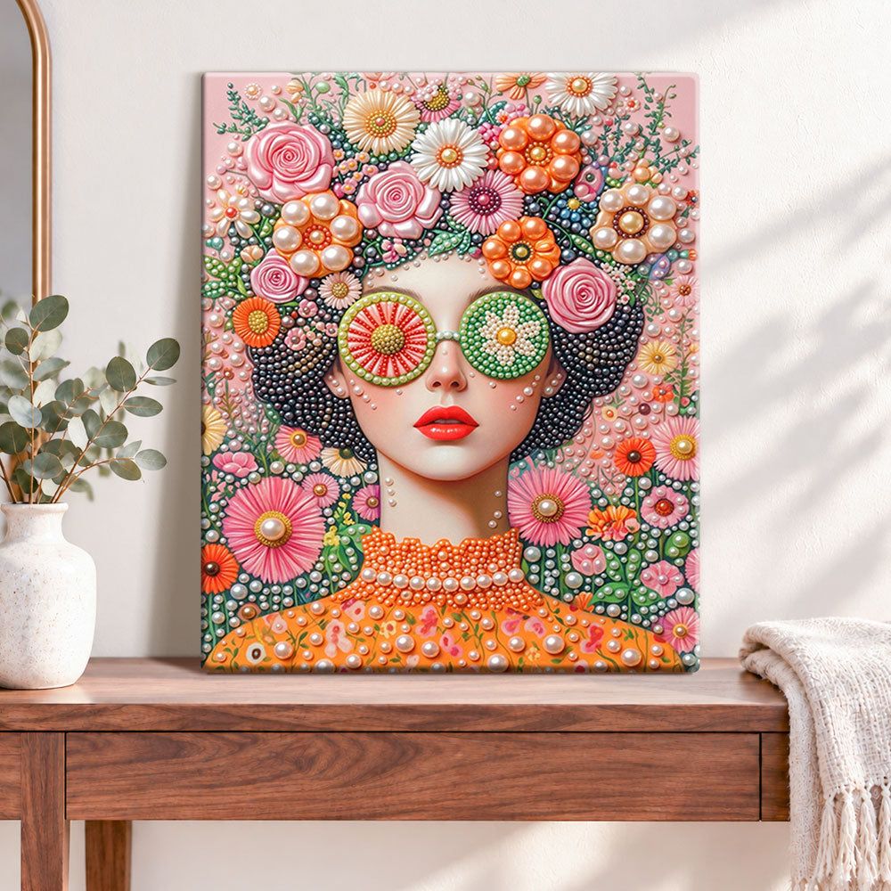 Finished floral bohemian lady pearl diamond painting artwork displayed as home decor