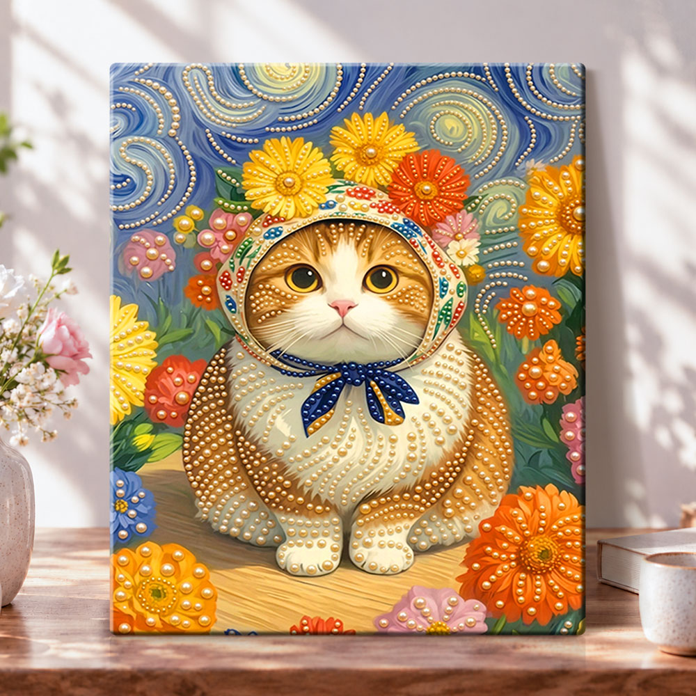 Floral bonnet kitty pearl diamond painting kit for beginners