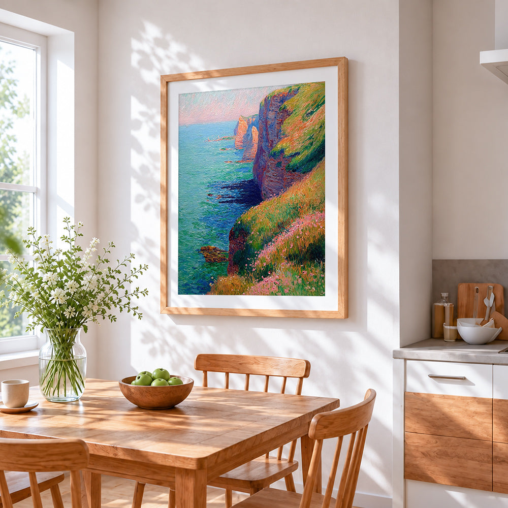 Floral coastal cliffs cross stitch artwork displayed on wall as home decor