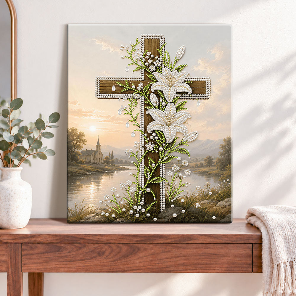 Finished floral cross at sunset pearl diamond painting artwork displayed as home decor