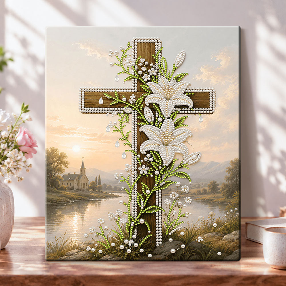 Floral cross at sunset pearl diamond painting kit for beginners