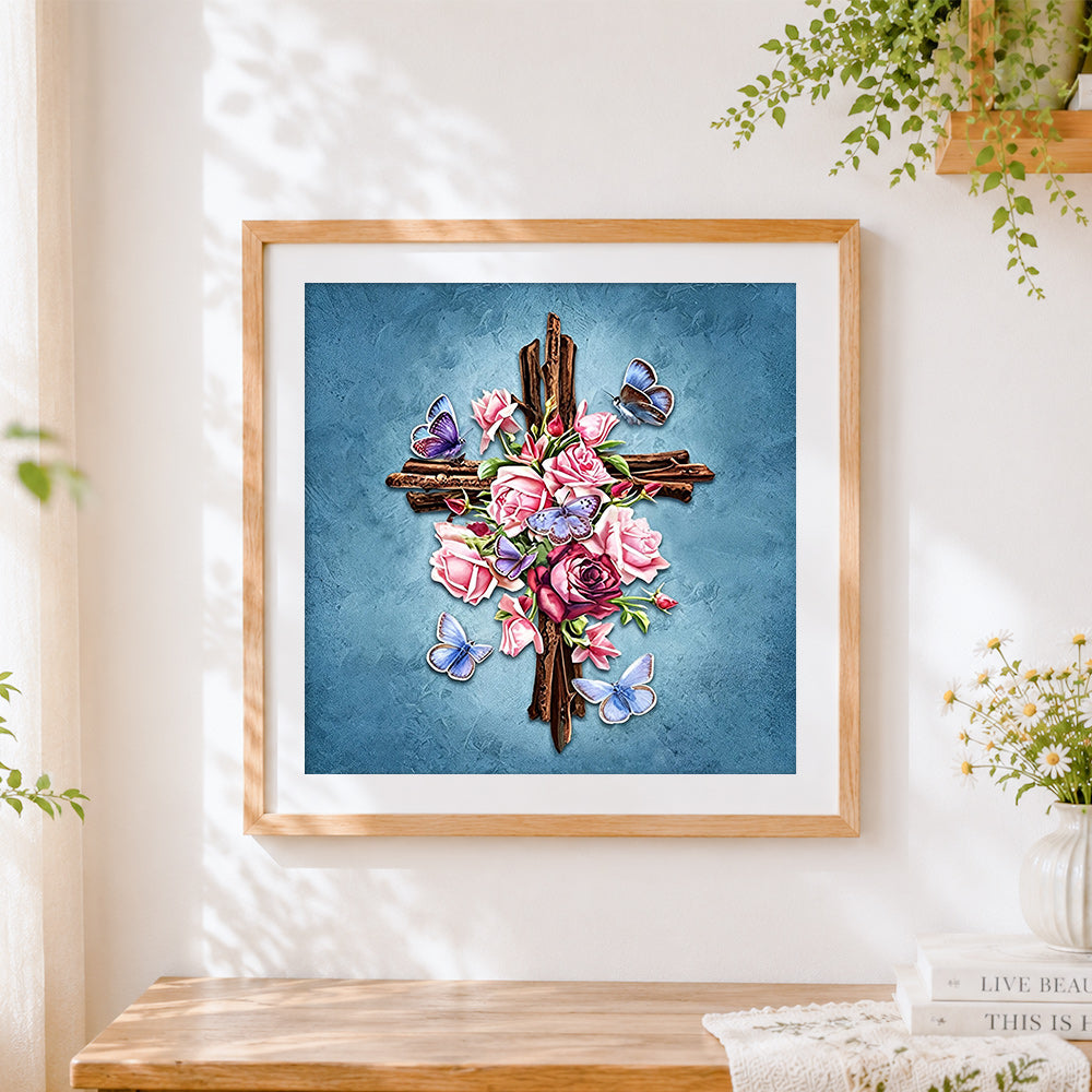Finished floral cross with butterflies cross stitch artwork displayed