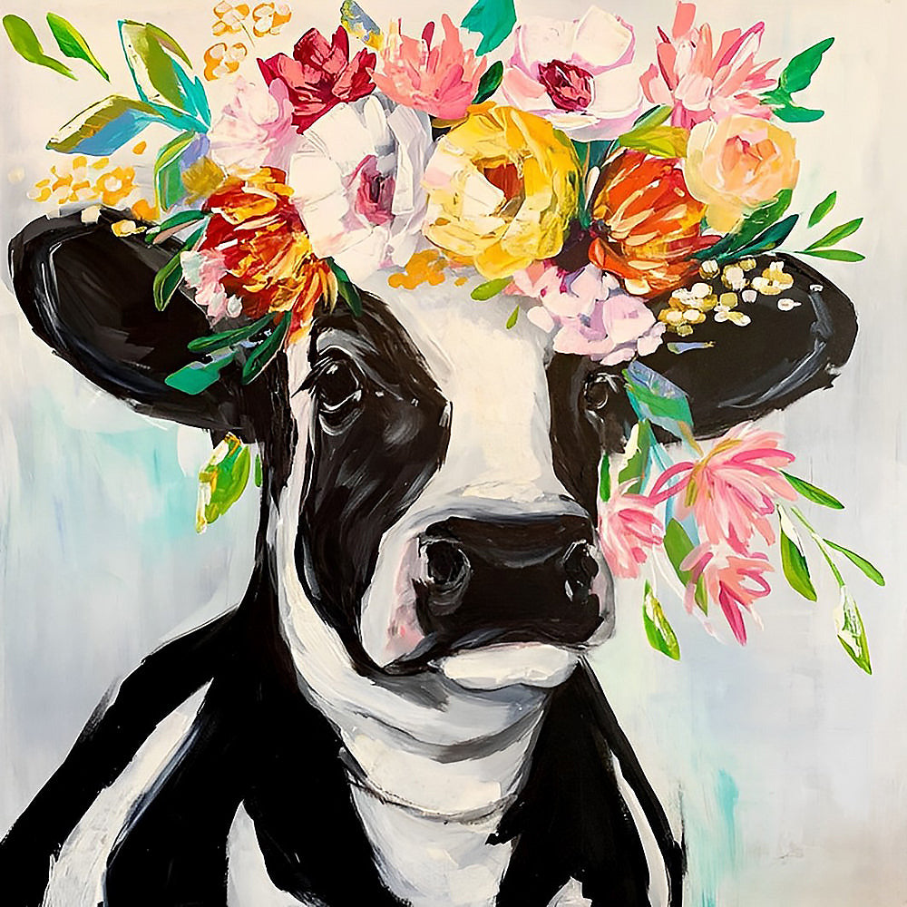 Floral crown cow cross stitch kit for beginners