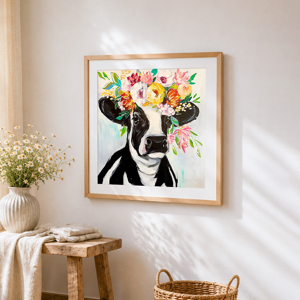 Floral crown cow cross stitch artwork displayed on wall as home decor