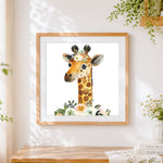 Finished floral crown giraffe cross stitch artwork displayed