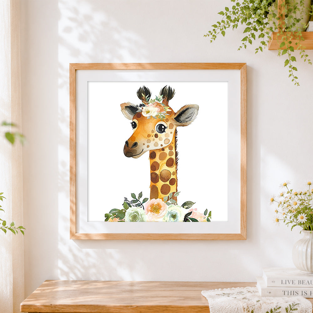 Finished floral crown giraffe cross stitch artwork displayed