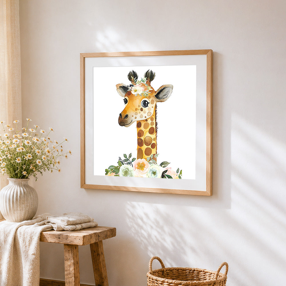 Floral crown giraffe cross stitch artwork displayed on wall as home decor